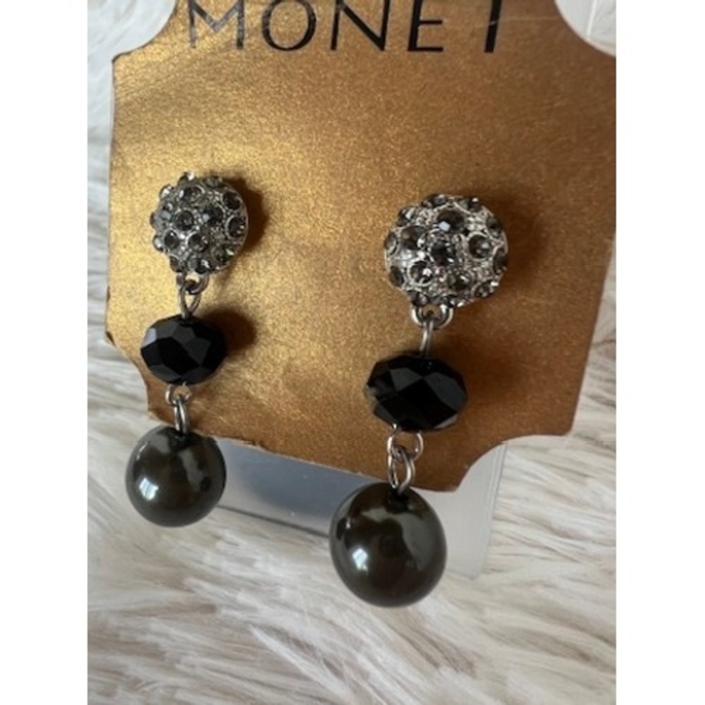 Monet Drop Earrings Black Silver Rhinestone Dangle Crystal Pearl Art Deco Glam - Picture 6 of 13